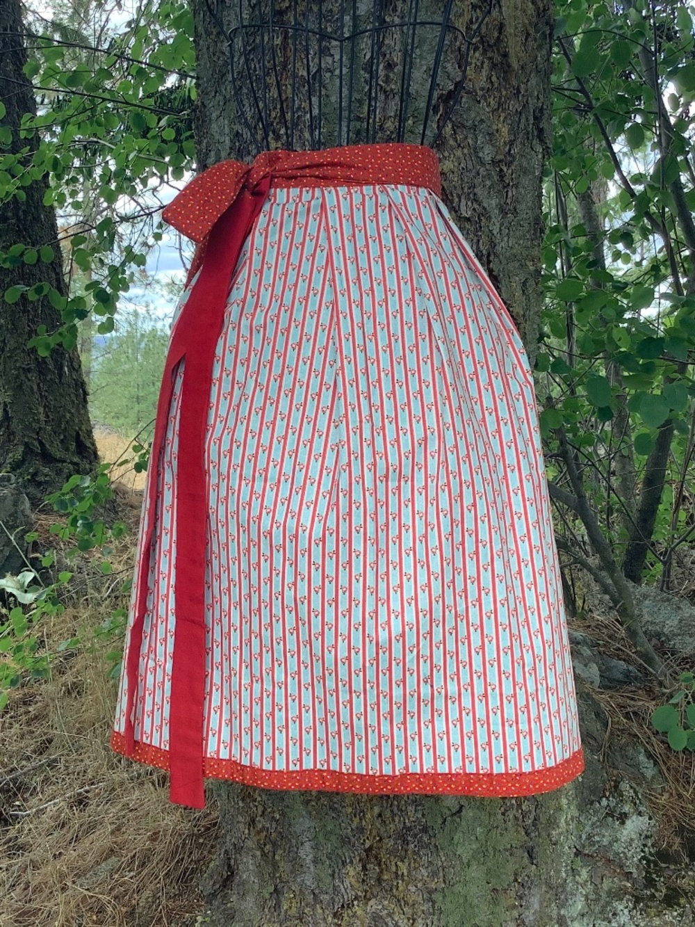 Small Red Floral on Light Blue Apron Long Peasant Oktoberfest Dirndl Apron only